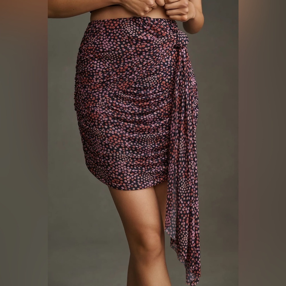 Anthropologie Purple Polka Dot Ruched Mini Skirt Size S Party Night Out Clubwear